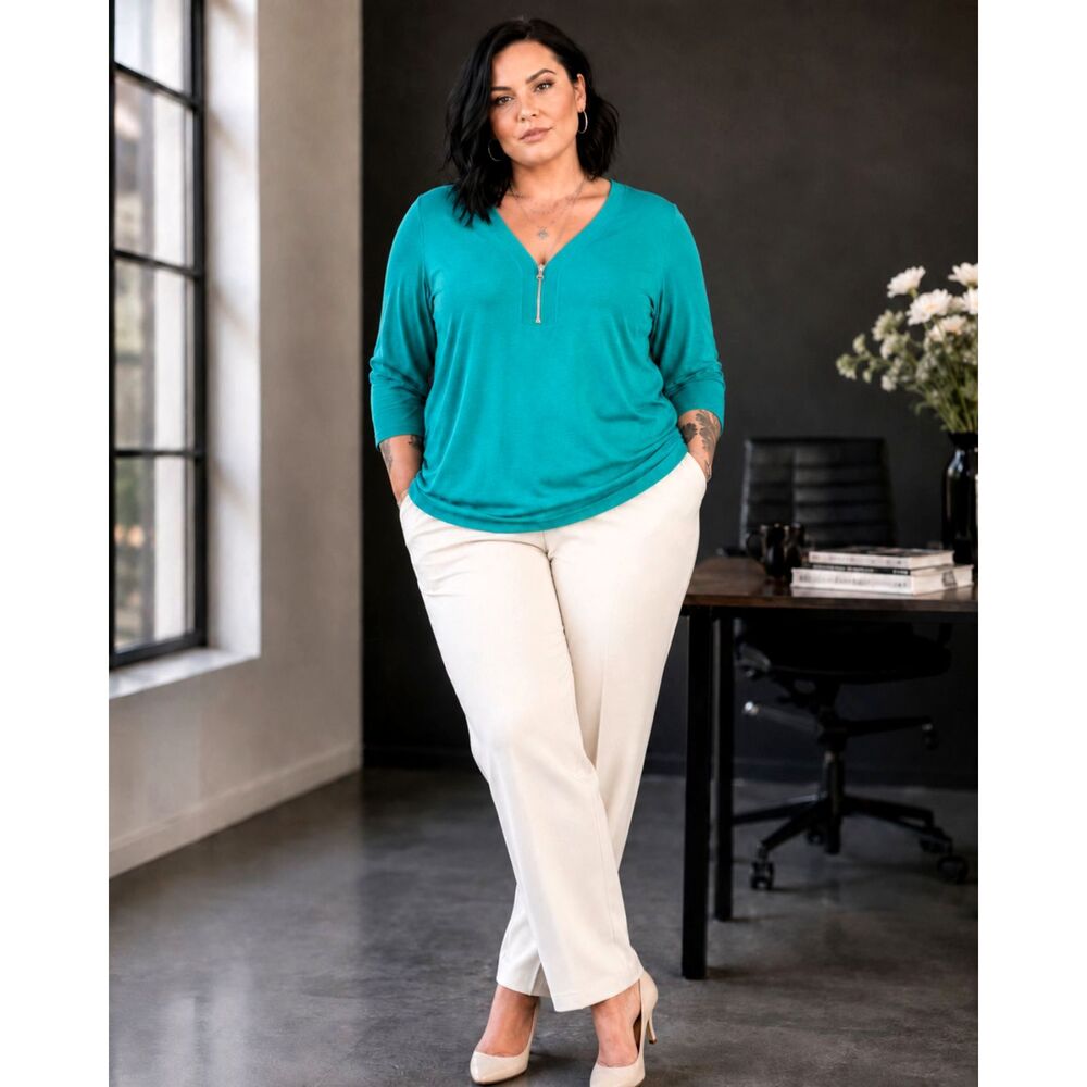 Cable & Gauge Green Top Silver Zipper Dressy Sweater Work Wear Plus Size 3X